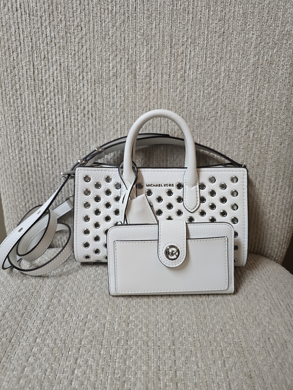 Michael Kors White Studded Satchel with Matching Card Case